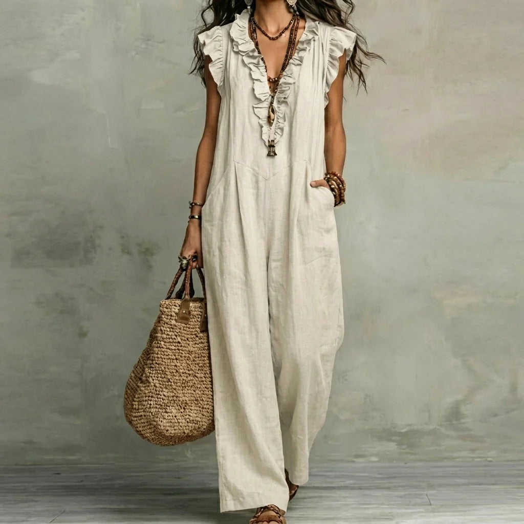 Josefina™ | Vestido largo con textura de lino con escote en pico y volantes