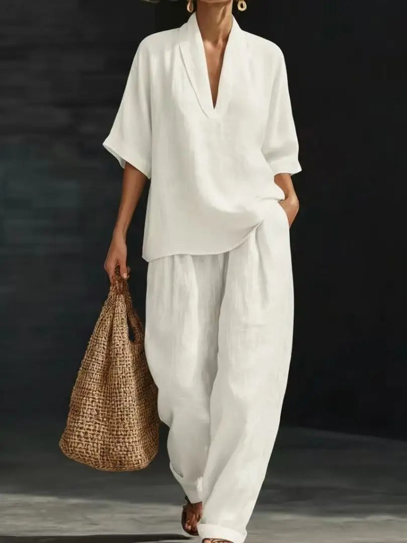 Conjunto Escote V | Blusa + Pantalón Ancho | Elegancia Relajada de Día y de Noche