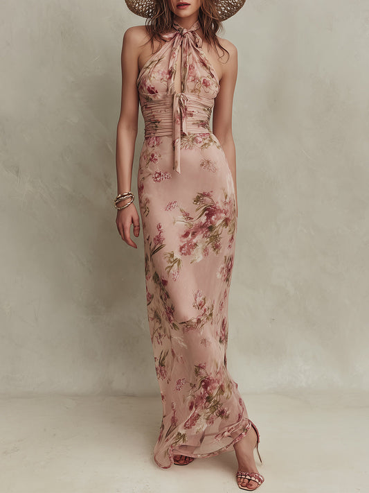 Lia - Elegante vestido largo de gasa con estampado floral y escote con abertura.