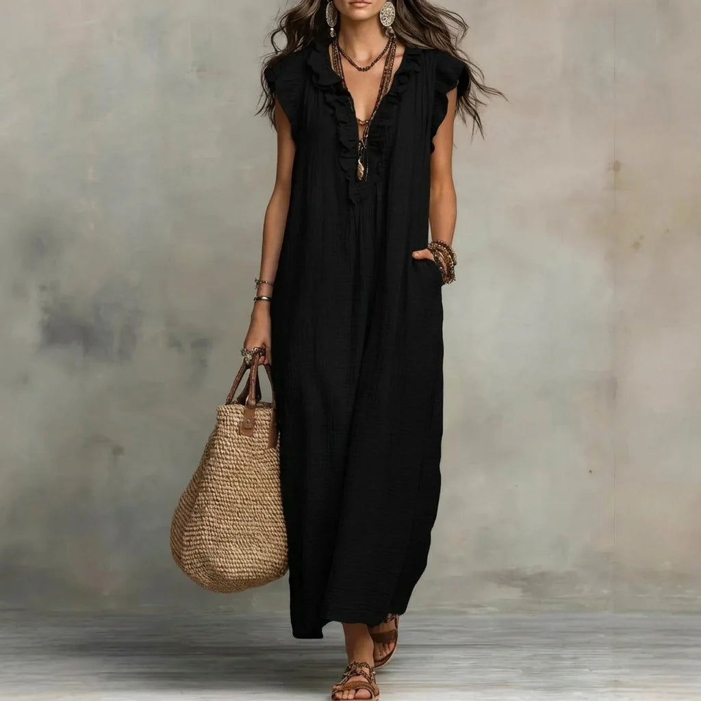 Josefina™ | Vestido largo con textura de lino con escote en pico y volantes