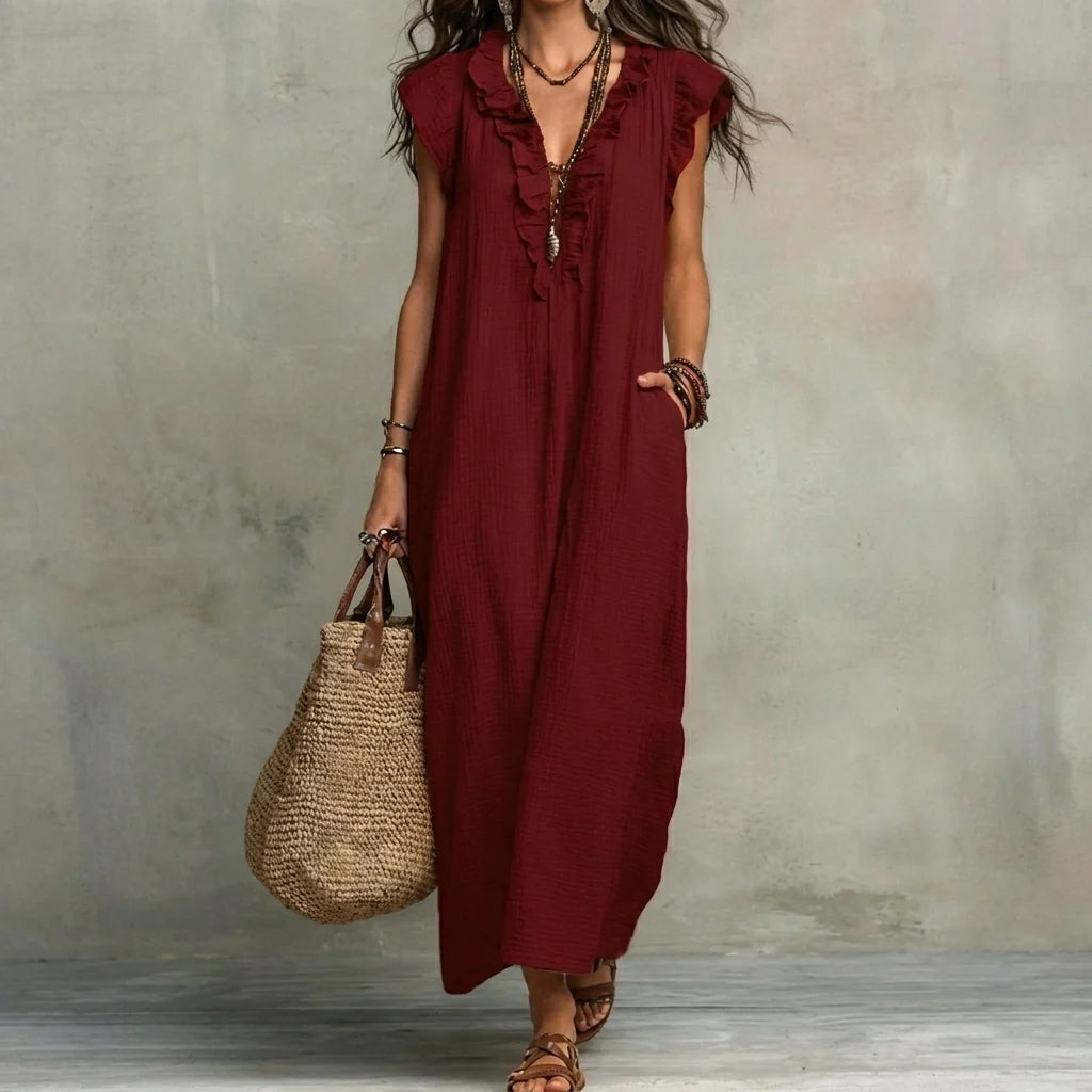 Josefina™ | Vestido largo con textura de lino con escote en pico y volantes