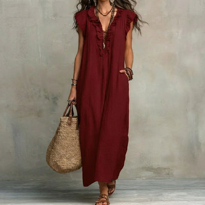 Josefina™ | Vestido largo con textura de lino con escote en pico y volantes