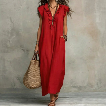 Josefina™ | Vestido largo con textura de lino con escote en pico y volantes