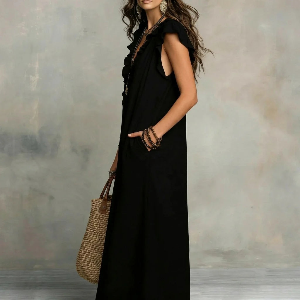 Josefina™ | Vestido largo con textura de lino con escote en pico y volantes