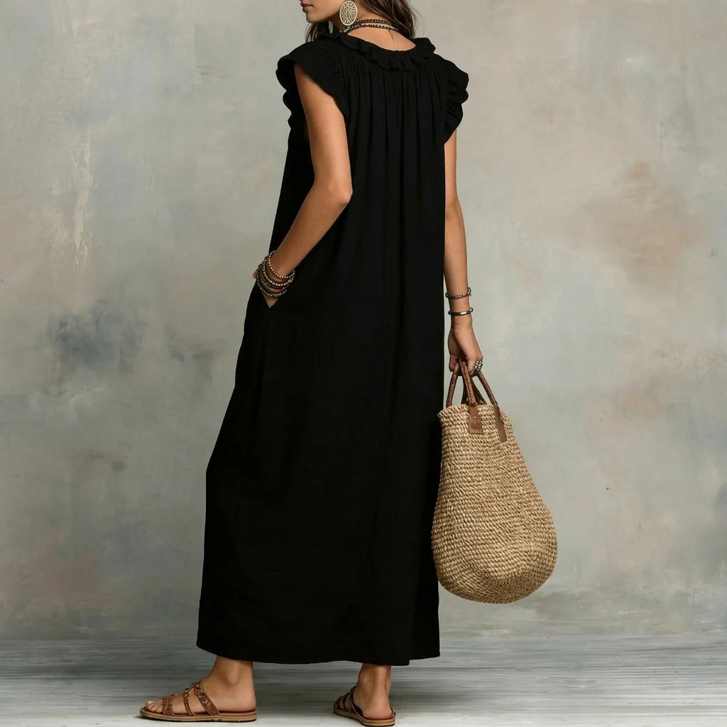Josefina™ | Vestido largo con textura de lino con escote en pico y volantes