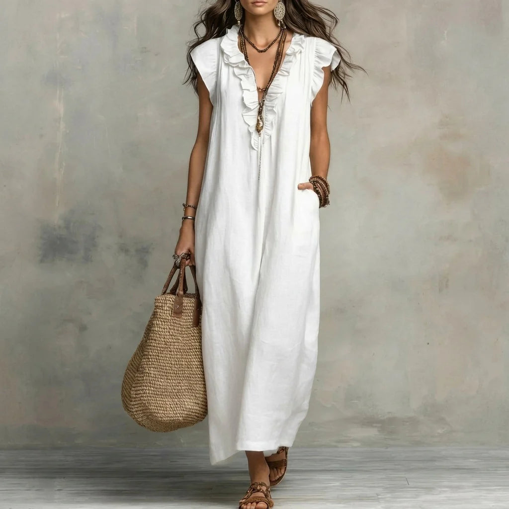 Josefina™ | Vestido largo con textura de lino con escote en pico y volantes