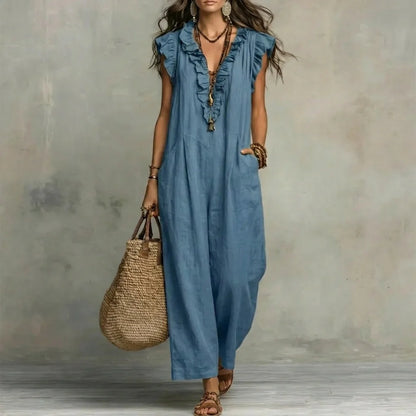 Josefina™ | Vestido largo con textura de lino con escote en pico y volantes