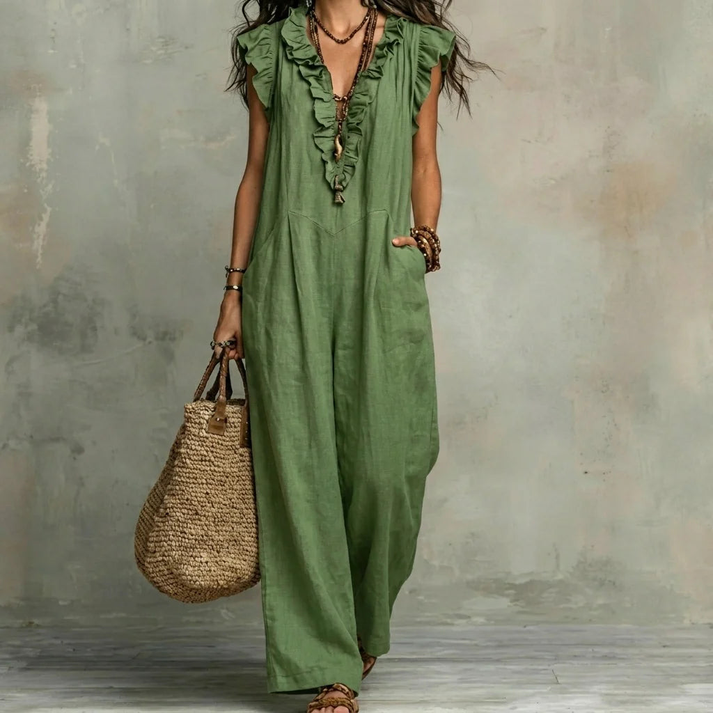 Josefina™ | Vestido largo con textura de lino con escote en pico y volantes