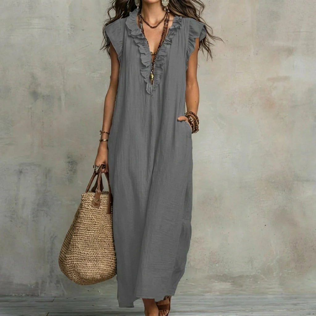 Josefina™ | Vestido largo con textura de lino con escote en pico y volantes