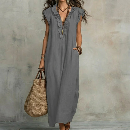 Josefina™ | Vestido largo con textura de lino con escote en pico y volantes