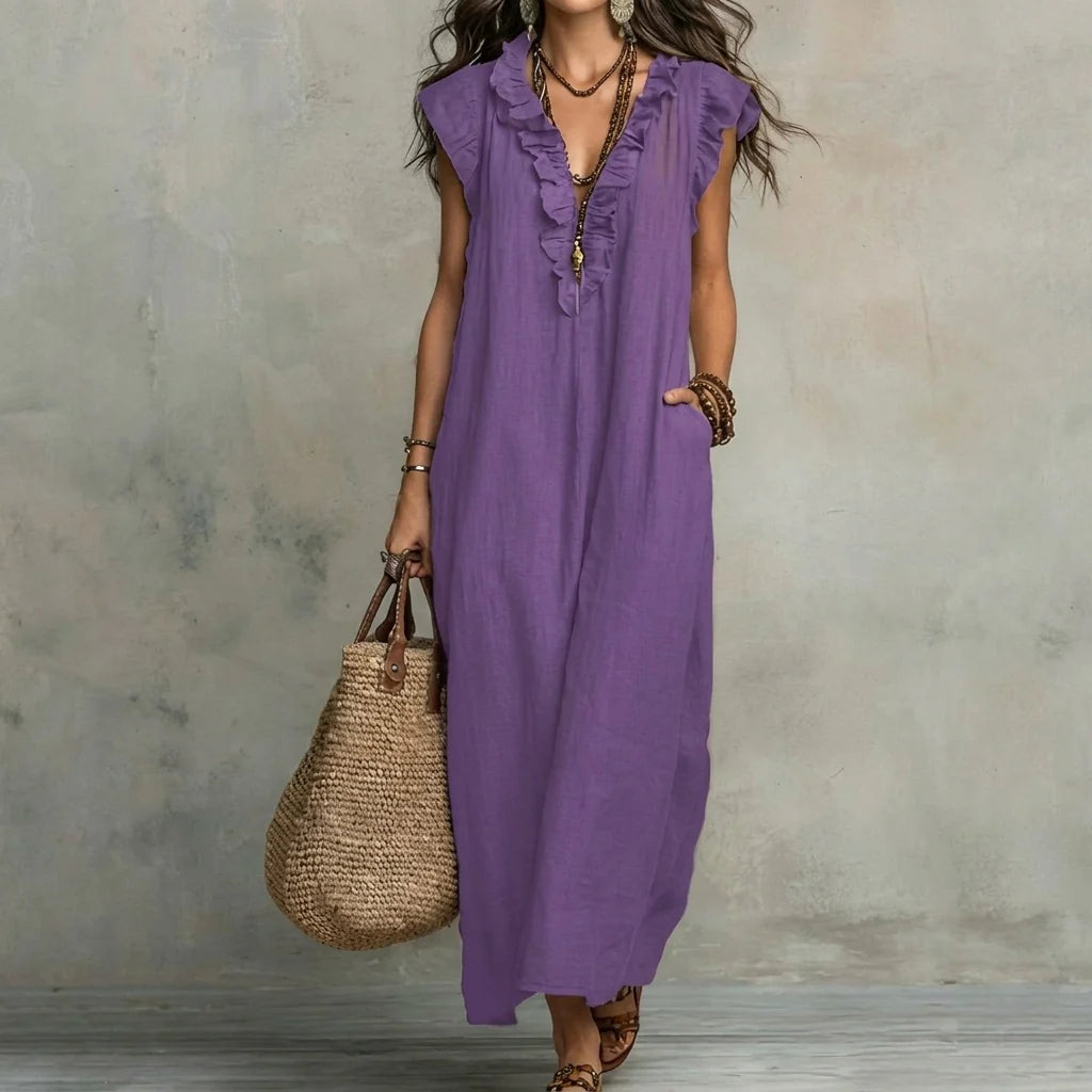Josefina™ | Vestido largo con textura de lino con escote en pico y volantes