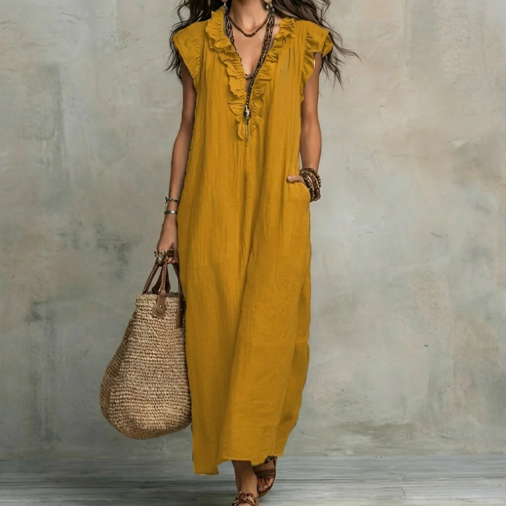 Josefina™ | Vestido largo con textura de lino con escote en pico y volantes