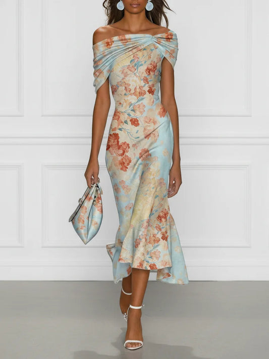 Vittoria - Vestido midi estilo sirena sin mangas con escote Bardot y estampado floral azul