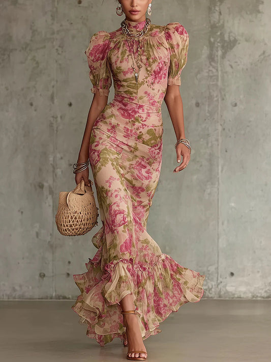 Fiora | Vestido largo romántico vintage con mangas abullonadas y estampado de rosas