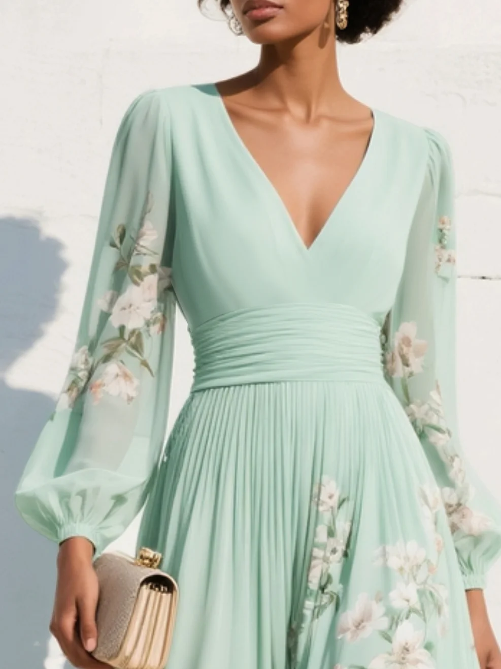 Vestido largo plisado de gasa en verde menta con estampado floral para mujer.