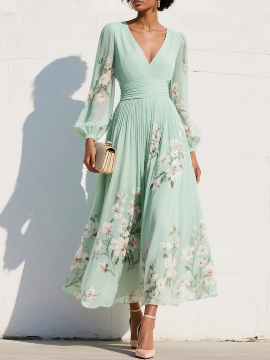 Vestido largo plisado de gasa en verde menta con estampado floral para mujer.
