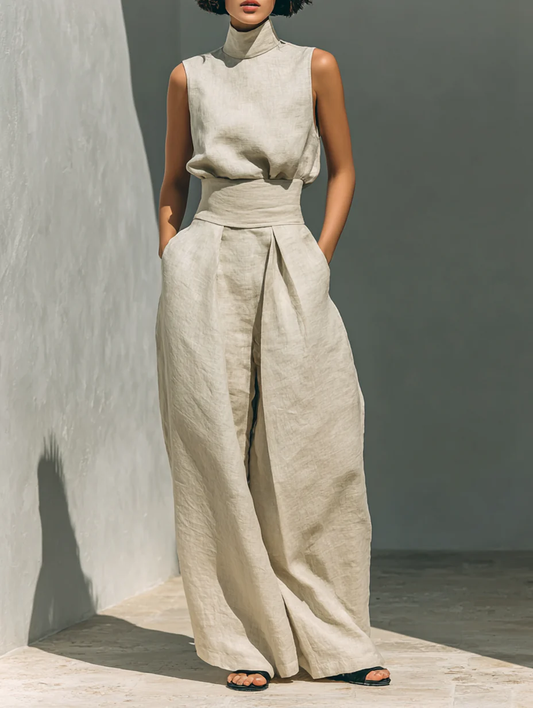 Aurora | Conjunto de dos piezas sin mangas y de pierna ancha en color beige, estilo relajado.