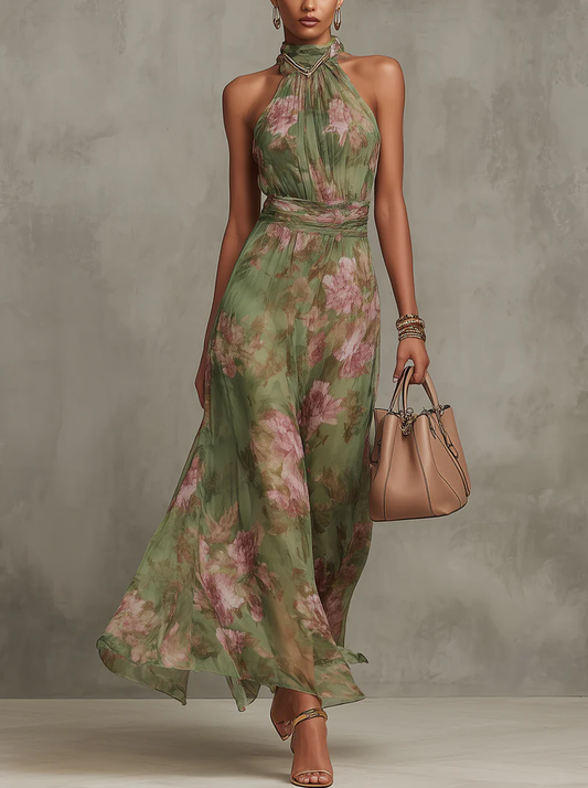 Serena — Elegante vestido largo de gasa con escote halter y estampado floral