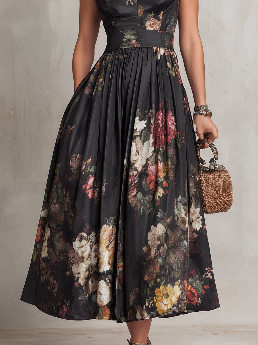 Violetta - Vestido midi negro de satén plisado con estampado floral y escote con abertura.