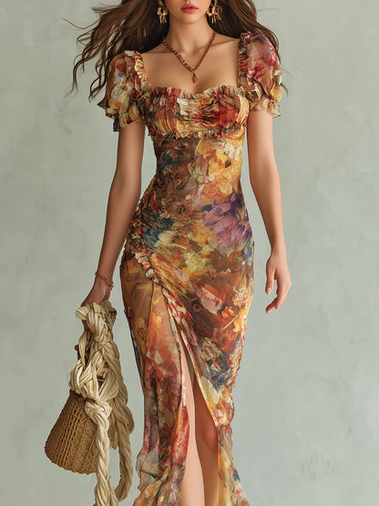 Viola | Vestido largo de gasa naranja con estampado de pintura al óleo de estilo bohemio