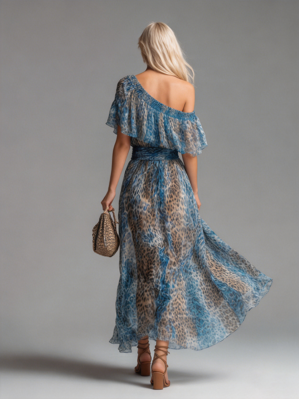Salvaje - Vestido largo de gasa con estampado de leopardo y hombros descubiertos