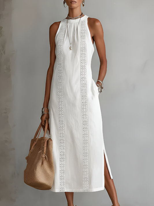 Jimena | Vestido midi holgado con cuello mandarín bordado
