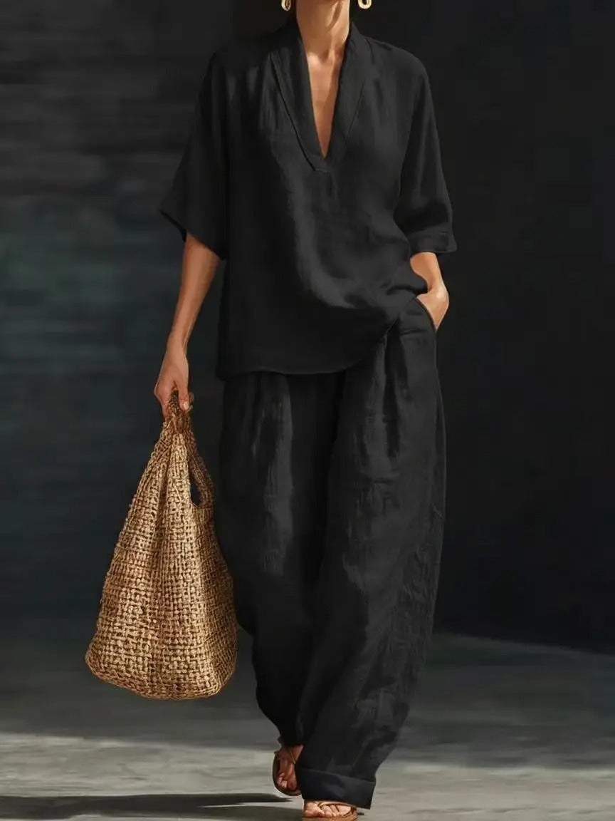 Conjunto Escote V | Blusa + Pantalón Ancho | Elegancia Relajada de Día y de Noche