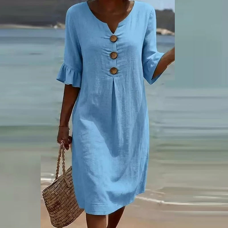 Vestido Midi con Botones de Madera | Manga con Volante | Fresco, Favorecedor y Diario