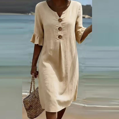 Vestido Midi con Botones de Madera | Manga con Volante | Fresco, Favorecedor y Diario