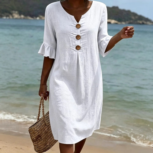 Vestido Midi con Botones de Madera | Manga con Volante | Fresco, Favorecedor y Diario