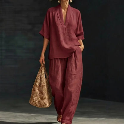 Conjunto Escote V | Blusa + Pantalón Ancho | Elegancia Relajada de Día y de Noche