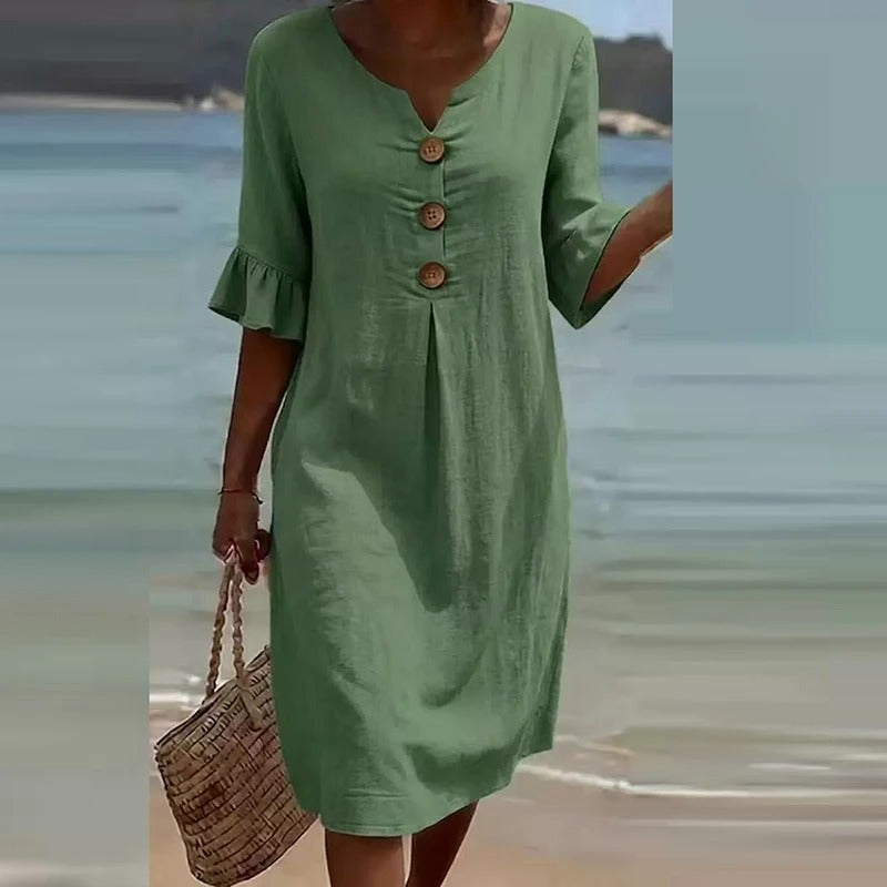 Vestido Midi con Botones de Madera | Manga con Volante | Fresco, Favorecedor y Diario