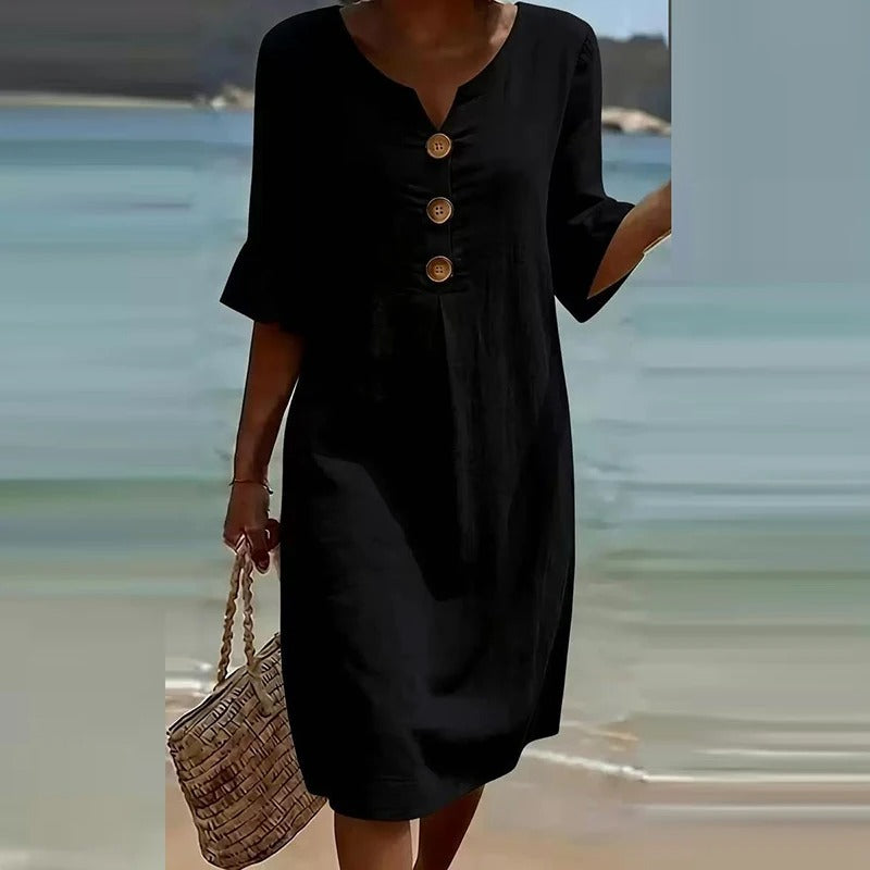 Vestido Midi con Botones de Madera | Manga con Volante | Fresco, Favorecedor y Diario