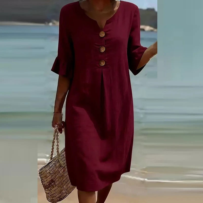 Vestido Midi con Botones de Madera | Manga con Volante | Fresco, Favorecedor y Diario