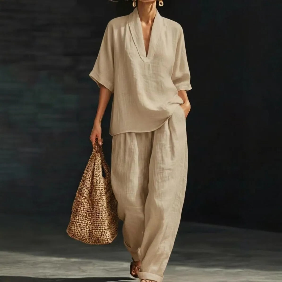 Conjunto Escote V | Blusa + Pantalón Ancho | Elegancia Relajada de Día y de Noche