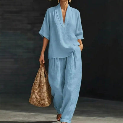 Conjunto Escote V | Blusa + Pantalón Ancho | Elegancia Relajada de Día y de Noche